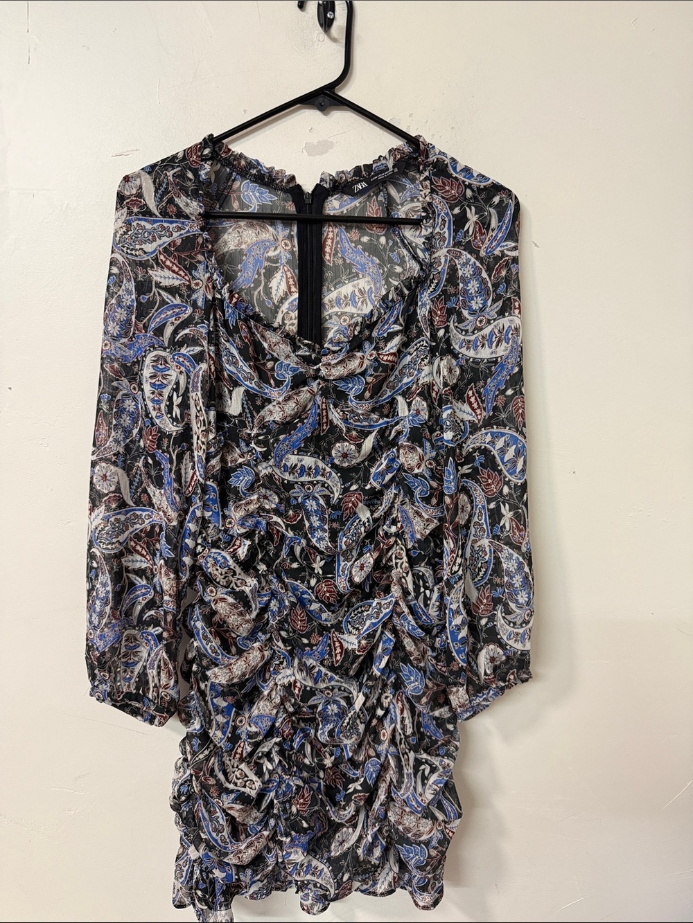 Paisley Ruched Long-Sleeve Mini Dress - Blue/Black
